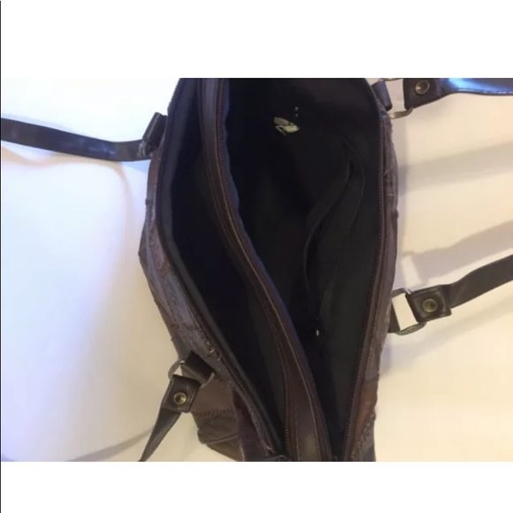 Brown Leather Suede Patch Handbag Dble Zip Closure - Picture 3 of 4